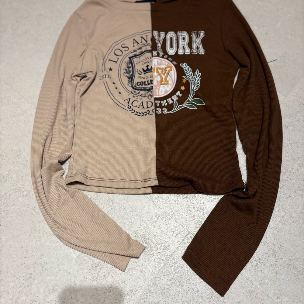 Two-Tone Brown and Tan Graphic Women's Top